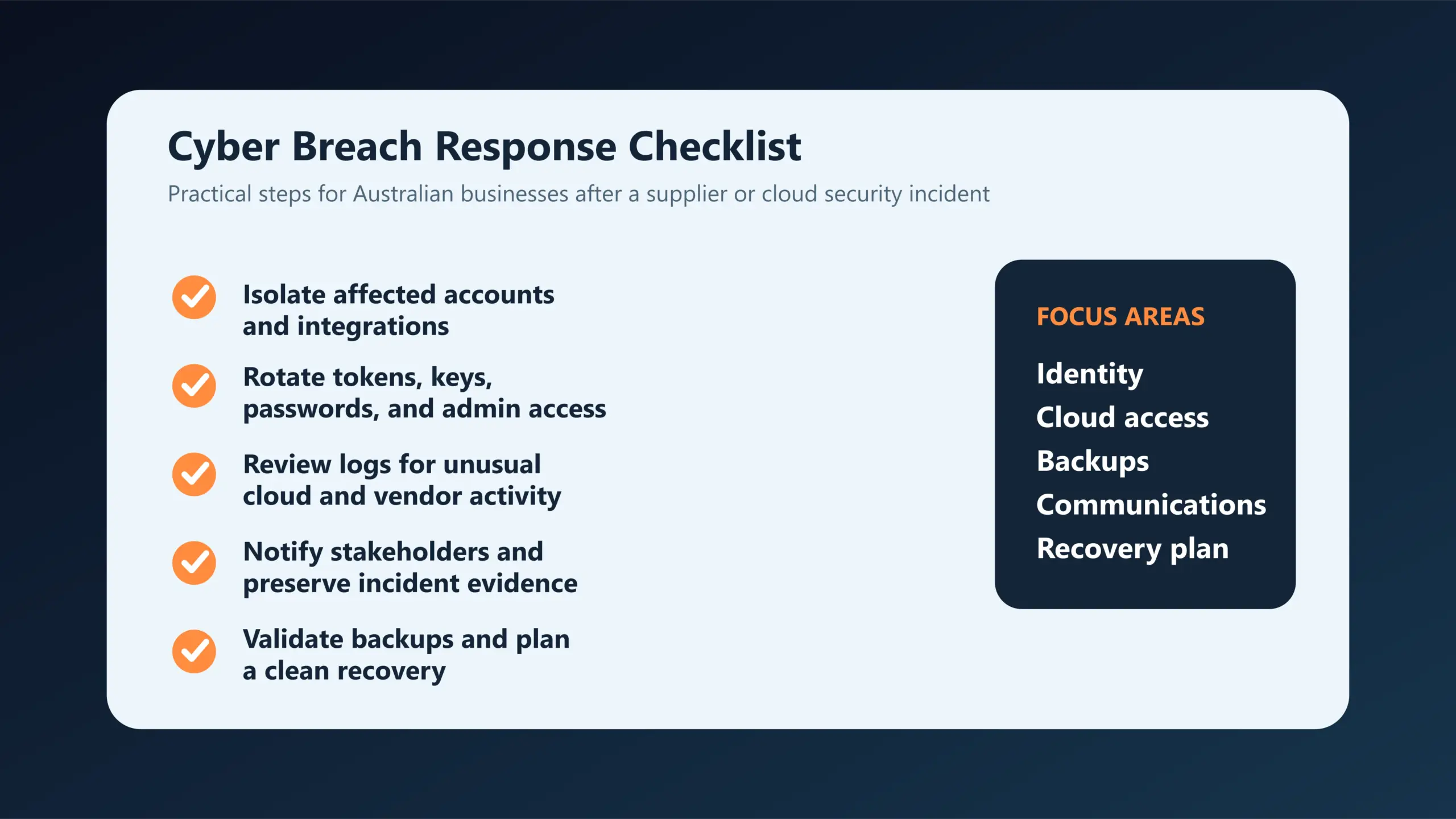 Business cyber breach response checklist for Australian companies covering isolation, credential rotation, monitoring, and recovery