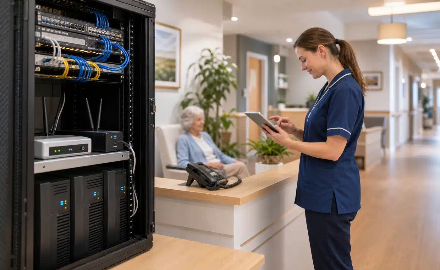 aged care IT support - Aged care network cabinet with backup connectivity and failover equipment