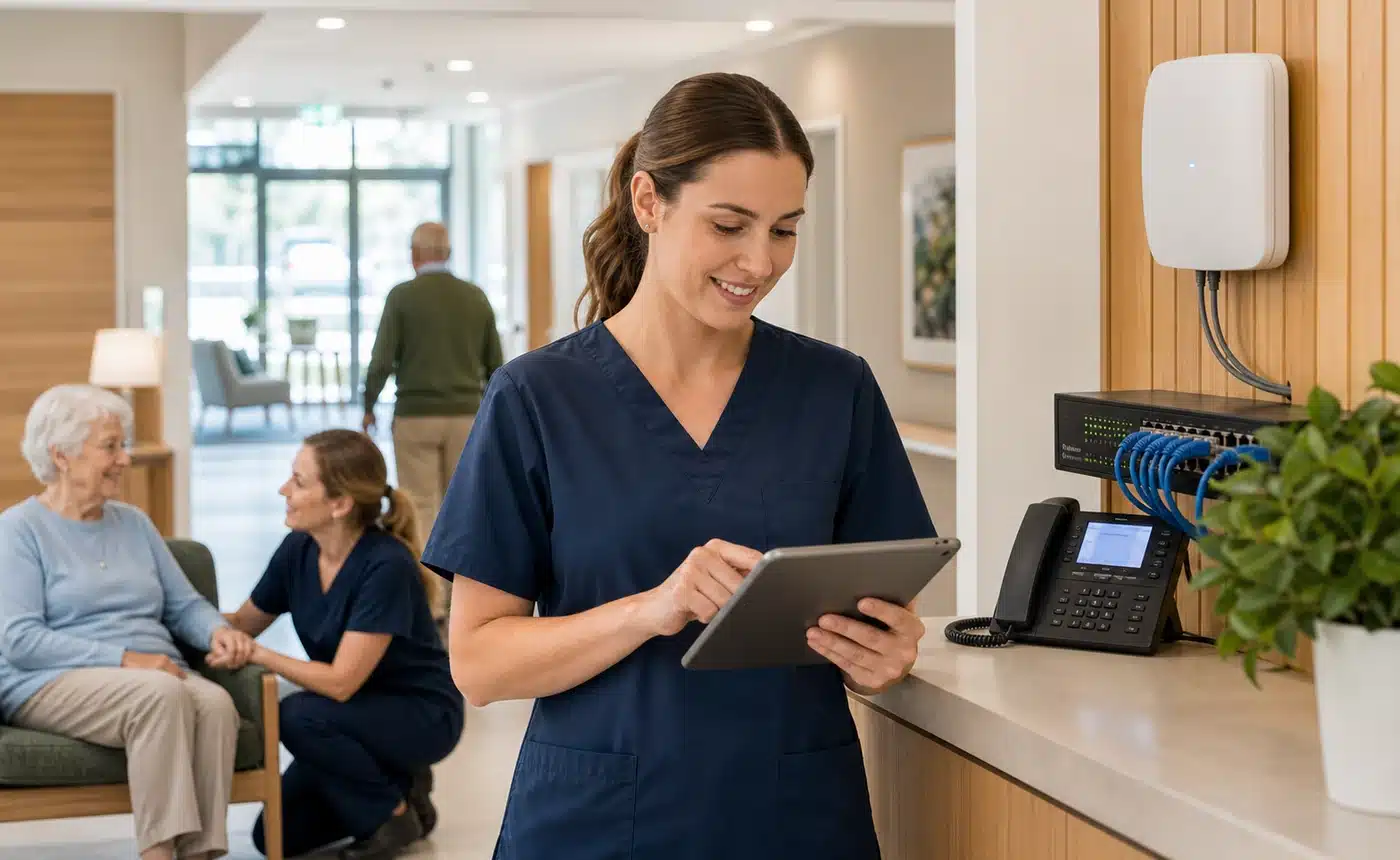 aged care IT support - Aged care staff using a tablet near reliable Wi Fi and network equipment
