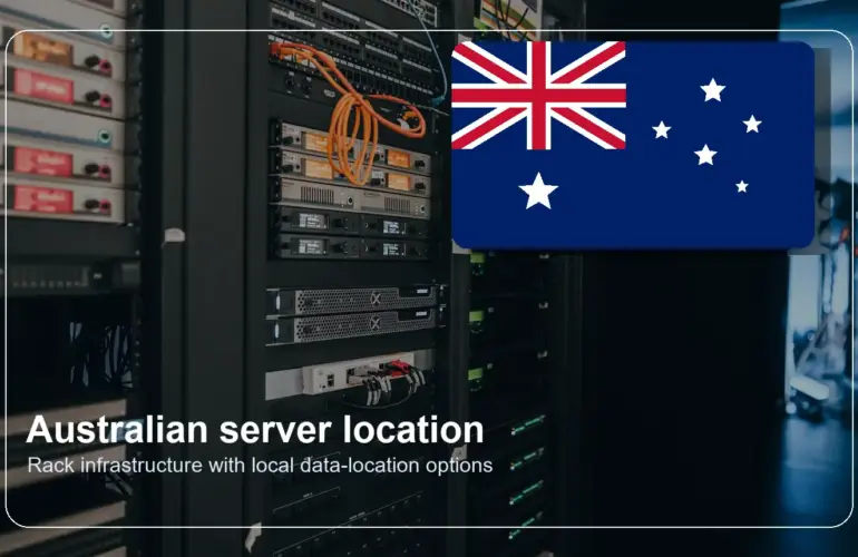 Australian flag with data centre server racks for local cloud hosting