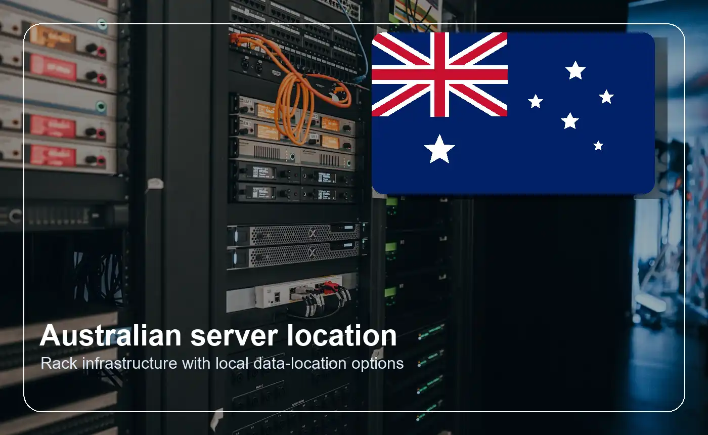 Australian flag with data centre server racks for local cloud hosting
