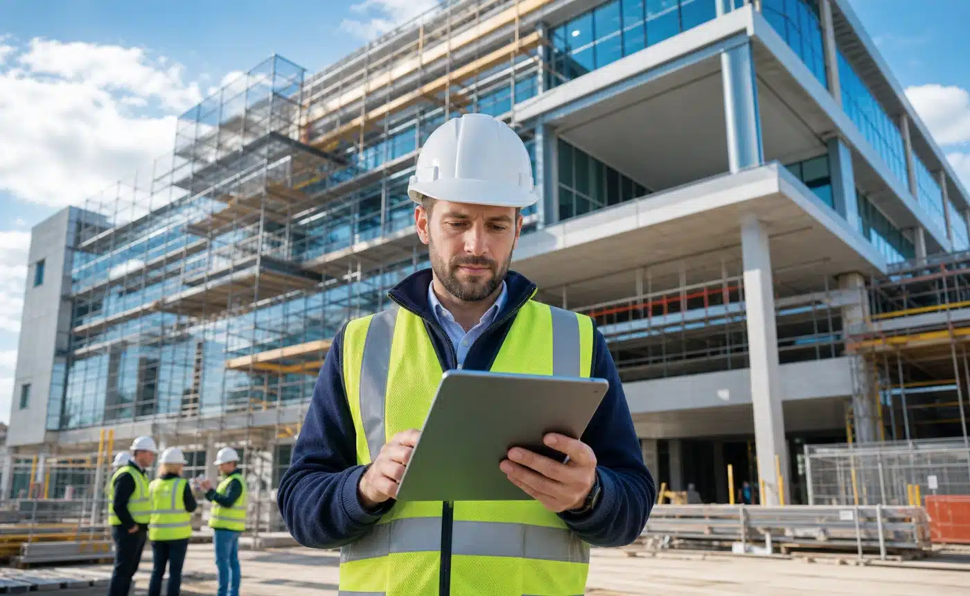 construction IT support - Commercial construction project with site supervisor using a tablet