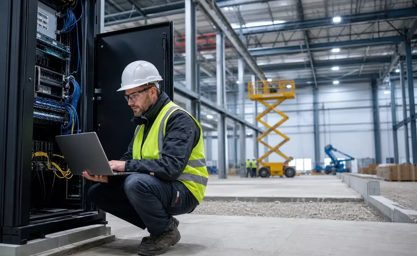 construction IT support - Industrial warehouse construction with network cabinet and laptop support