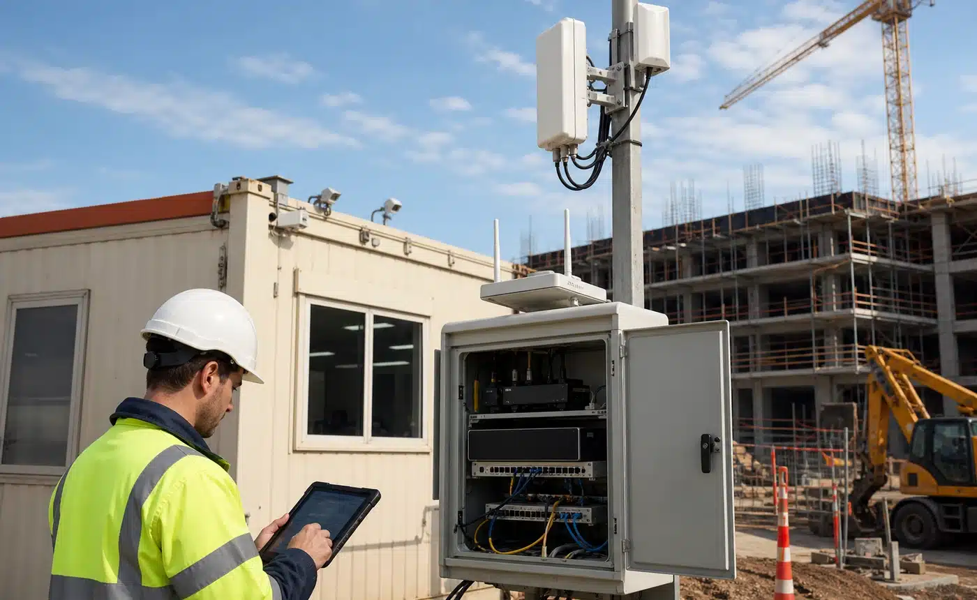 Construction site connectivity cabinet with wireless equipment and technician using a tablet
