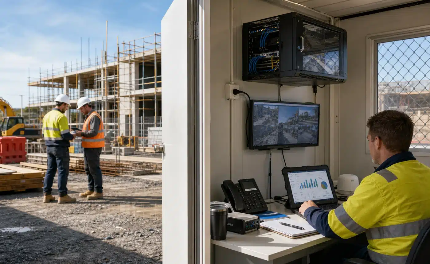Temporary Australian construction site office with laptop network cabinet and project monitoring