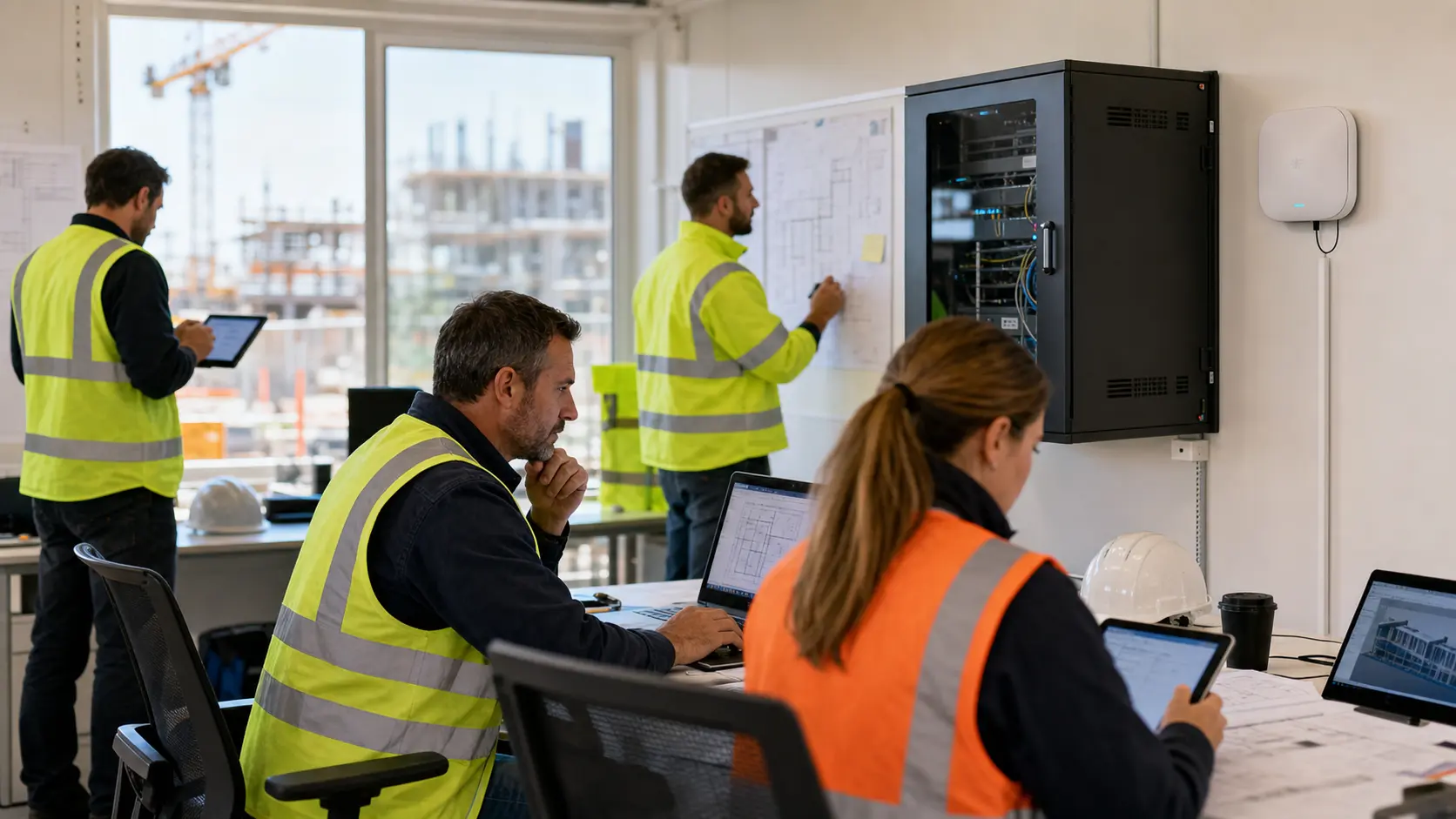 Construction site office with laptops phones and project connectivity