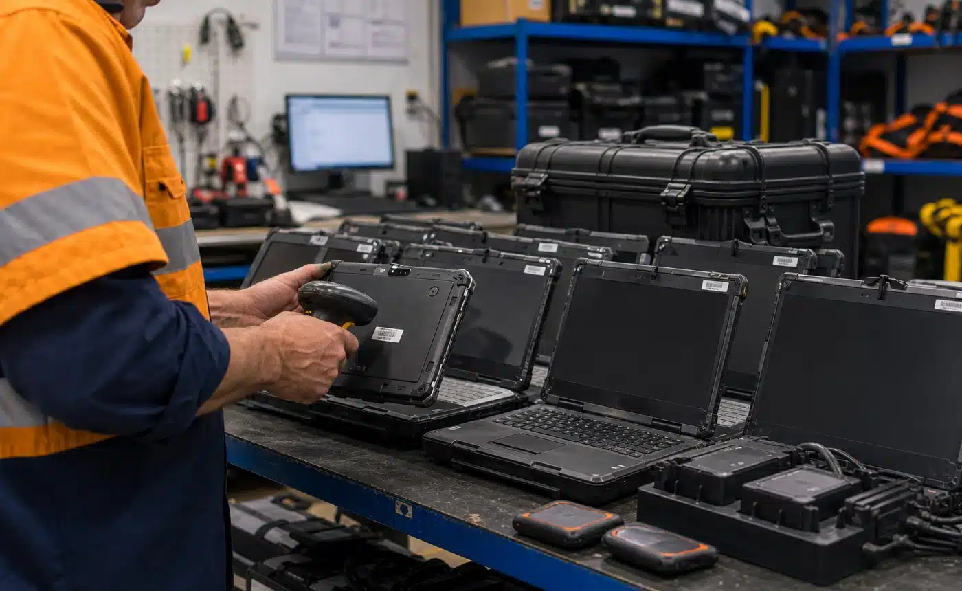 mining IT support - Mining IT technician scanning rugged tablets and laptops for device lifecycle management