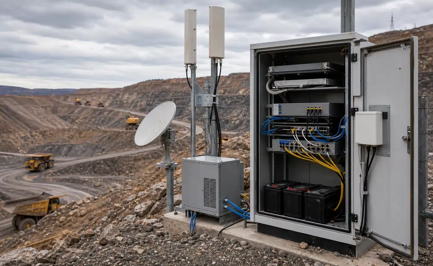 mining IT support - Outdoor mine site network cabinet with redundant links and backup battery equipment