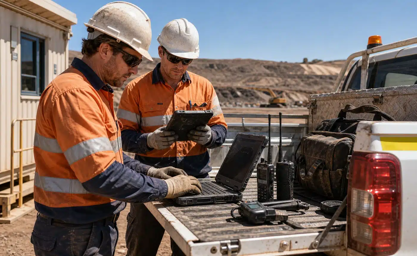 mining IT support - Mine site technicians supporting rugged laptops tablets and radios from a service ute