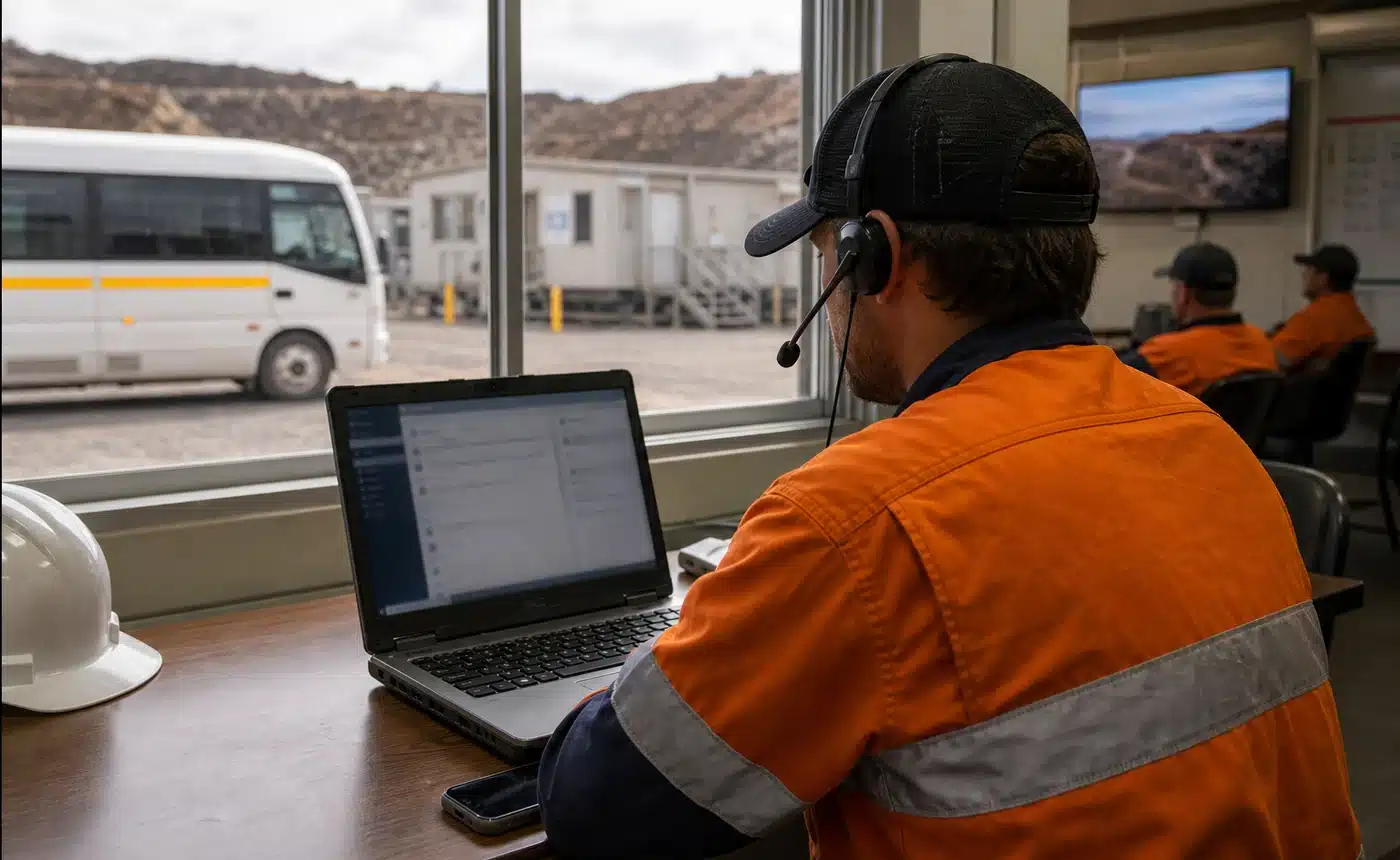 mining IT support - FIFO mine worker using a rugged laptop and headset for remote IT support