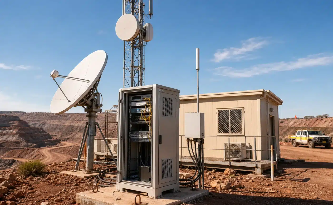 mining IT support - Mine site satellite and microwave communications equipment with an outdoor network cabinet