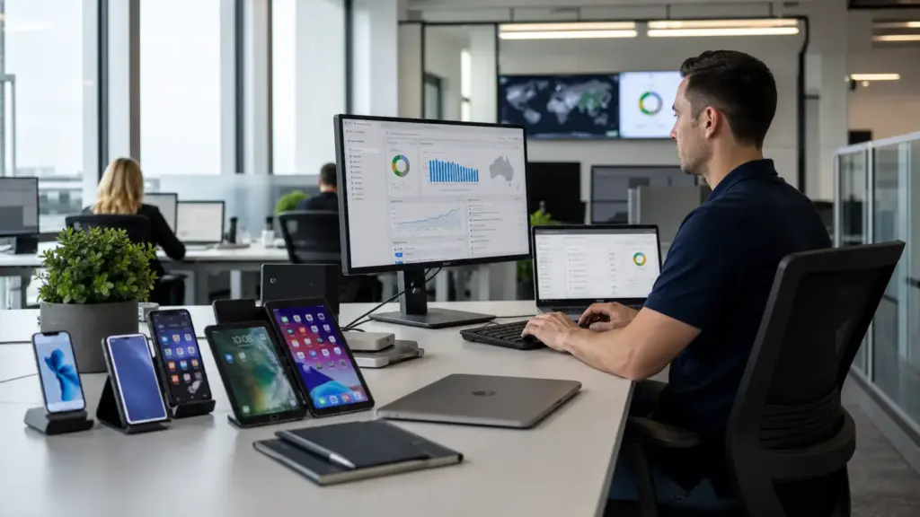 IT administrator managing business smartphones tablets and laptops from a central device management console