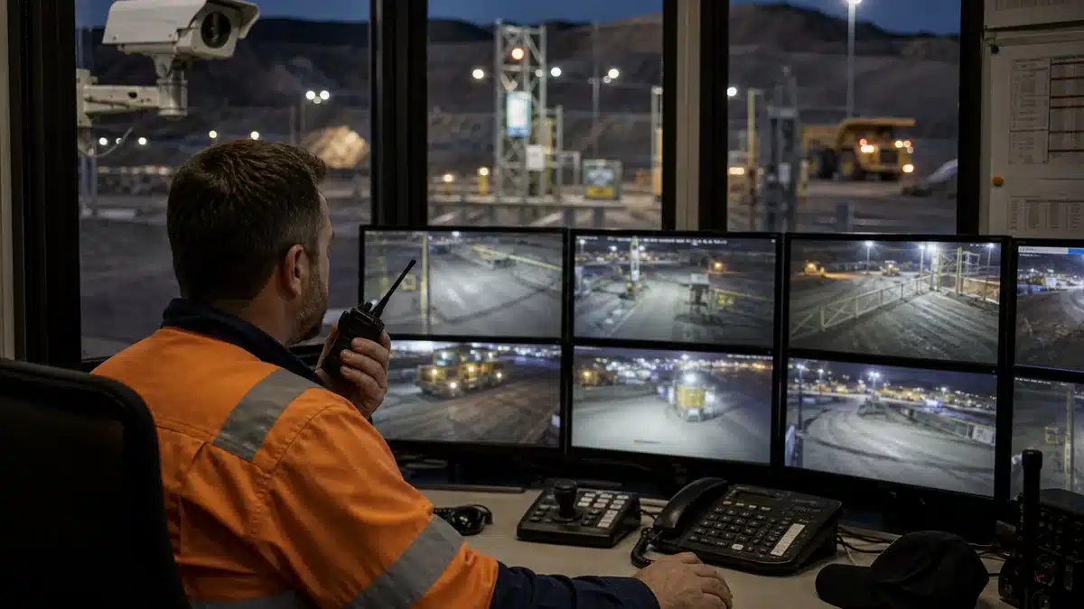 Cybersecurity support analyst monitoring security cameras and incident response screens