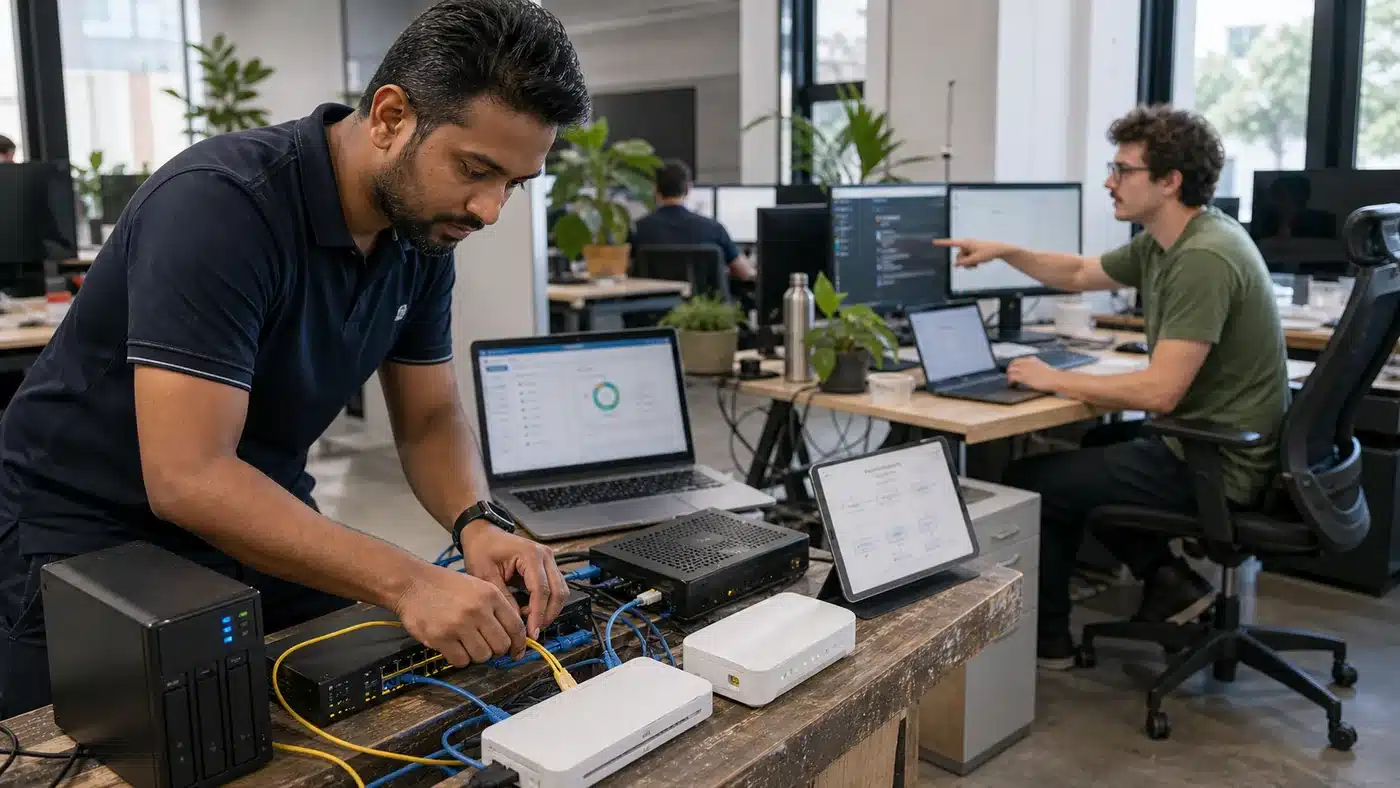Managed IT support technician configuring network hardware for business systems