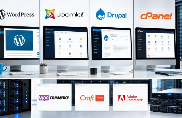ACSC CMS hacking alert collage featuring WordPress, Joomla, Drupal, cPanel and common website platforms