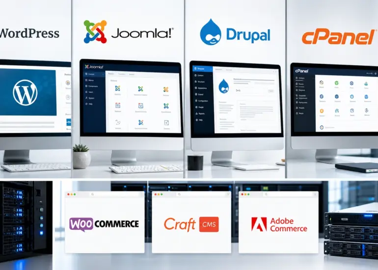 ACSC CMS hacking alert collage featuring WordPress, Joomla, Drupal, cPanel and common website platforms