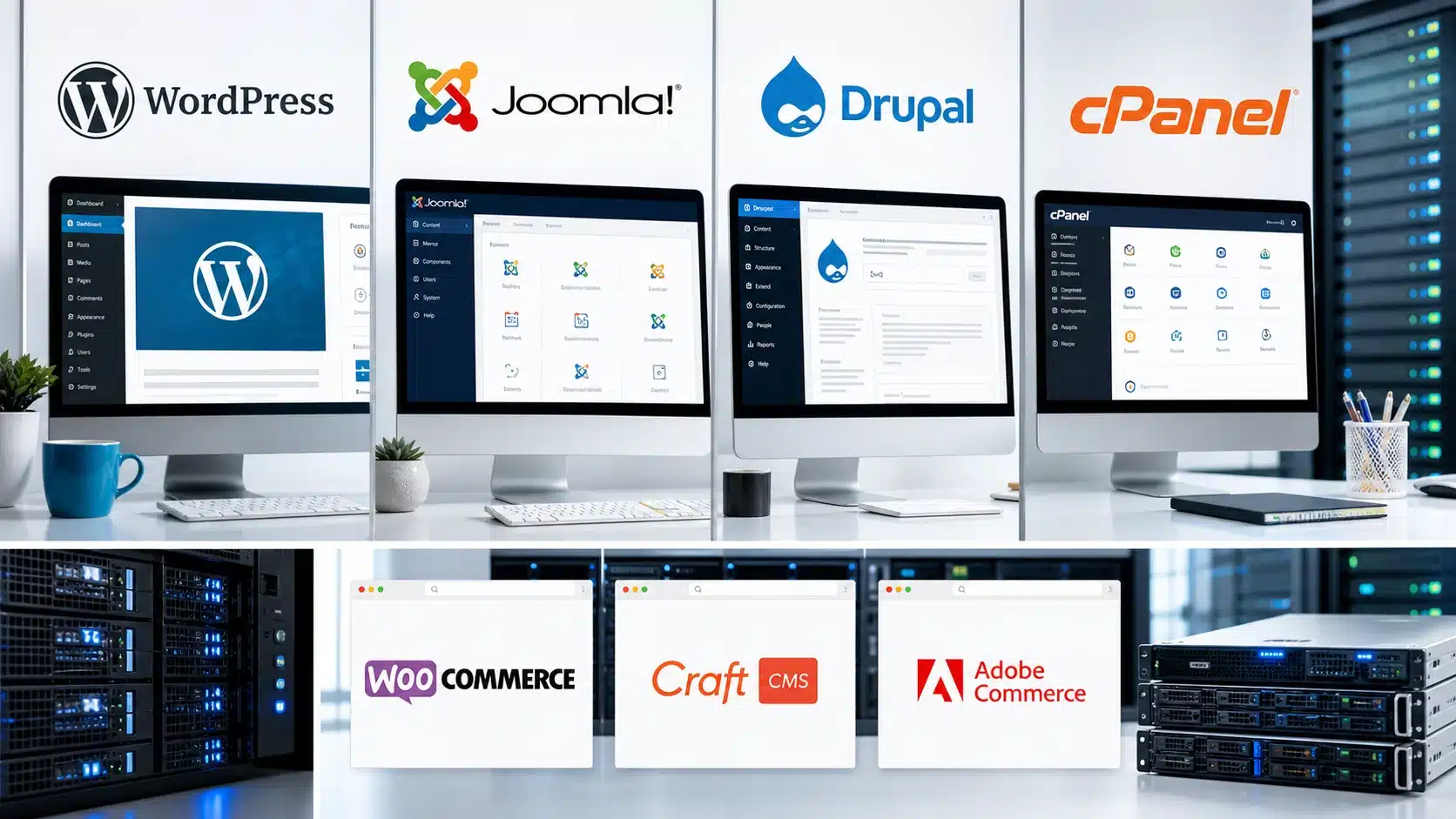 ACSC CMS hacking alert collage featuring WordPress, Joomla, Drupal, cPanel and common website platforms