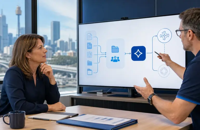Australian business owner and IT adviser reviewing an AI policy for Australian businesses