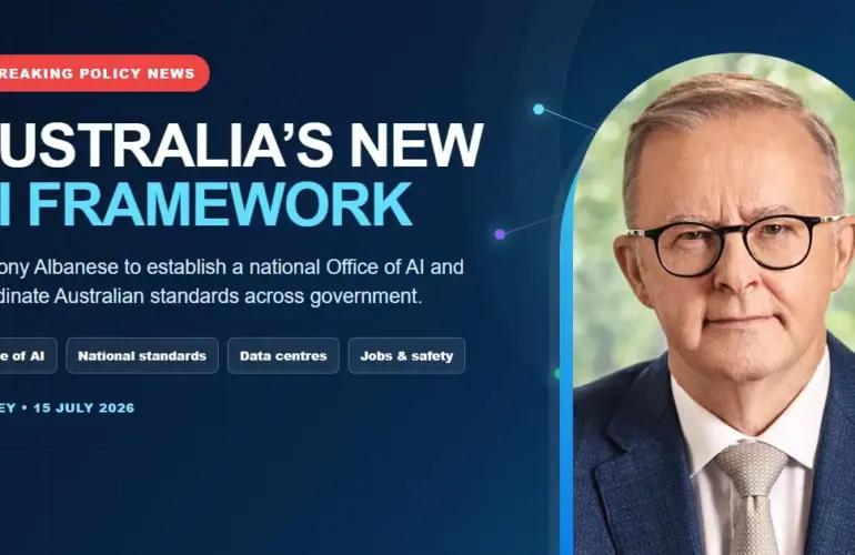 Australia AI framework 2026 news graphic featuring Prime Minister Anthony Albanese