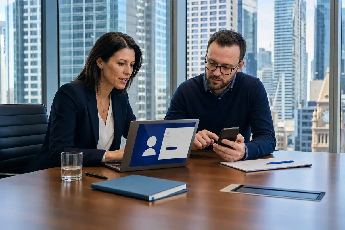 Australian business leaders reviewing identity and access security controls in a modern Sydney office
