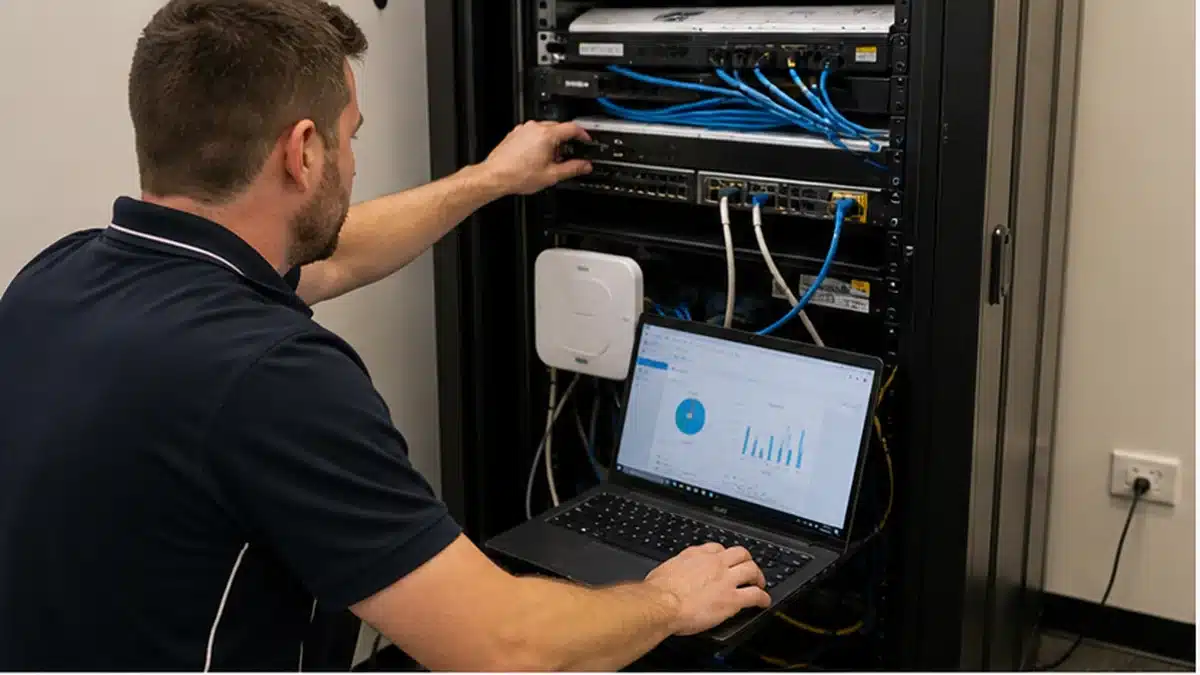 Cybersecurity services technician reviewing firewall network security and endpoint alerts