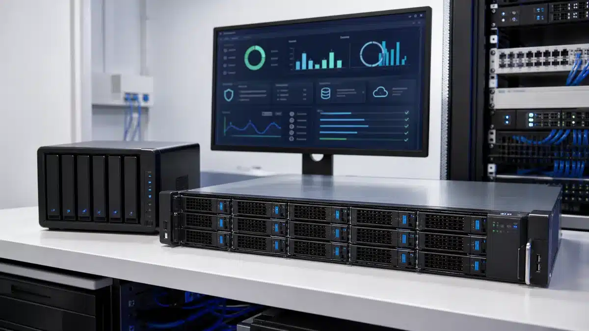 Modern business backup appliance with NAS storage and monitored recovery dashboard for data backup solutions