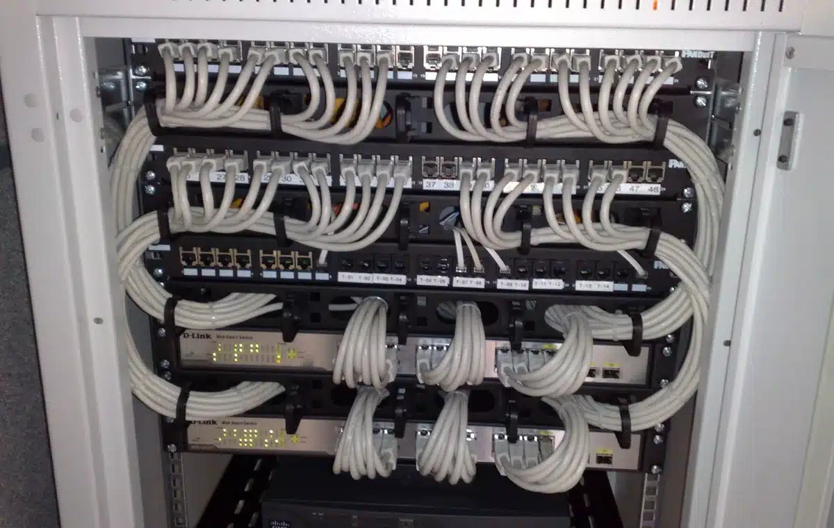 Rack-mounted network switches and patch panels connecting business systems