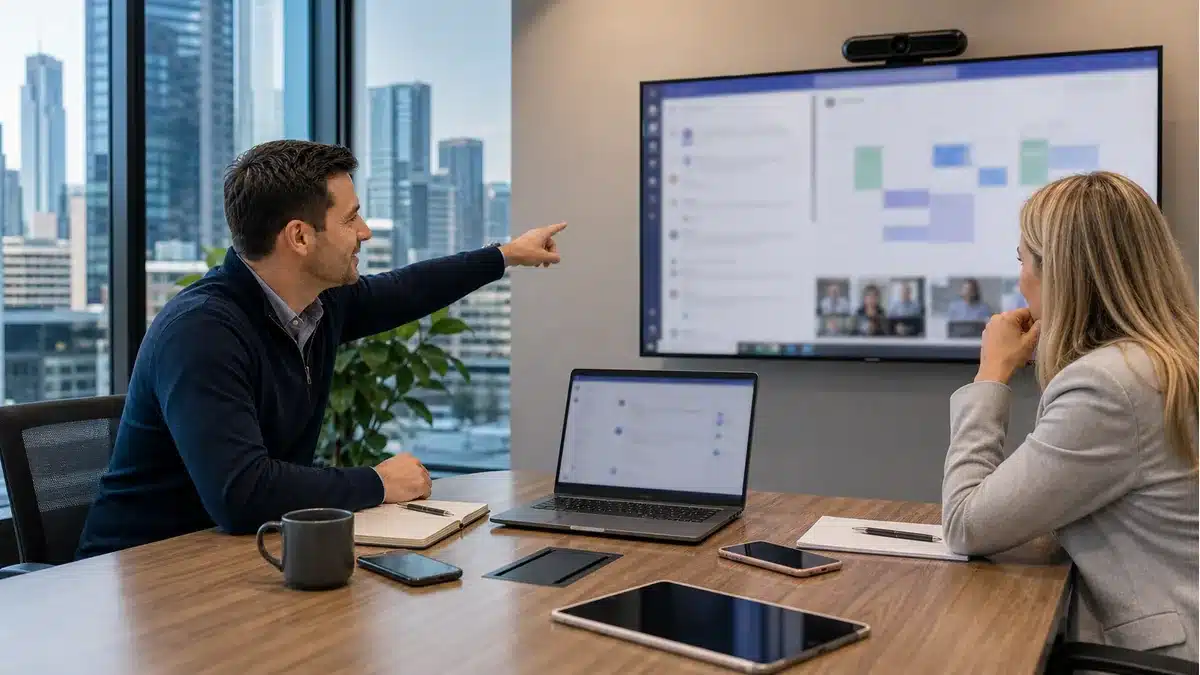 Microsoft 365 specialist reviewing Teams, cloud services and device management with a business client