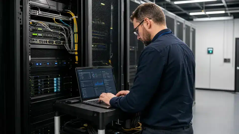 Cloud hosting technician checking server racks and backup systems