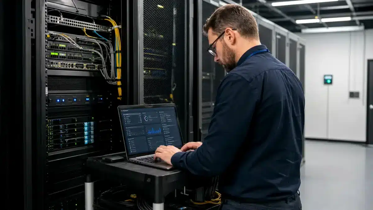 Reliable cloud backup and hosting technician working on server infrastructure