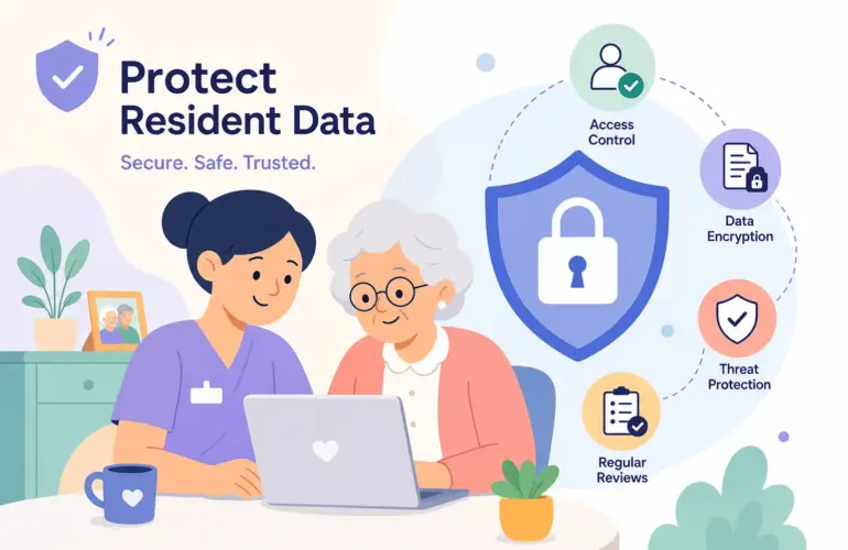 Aged care worker and older resident using a laptop beside access control, encryption and threat protection symbols