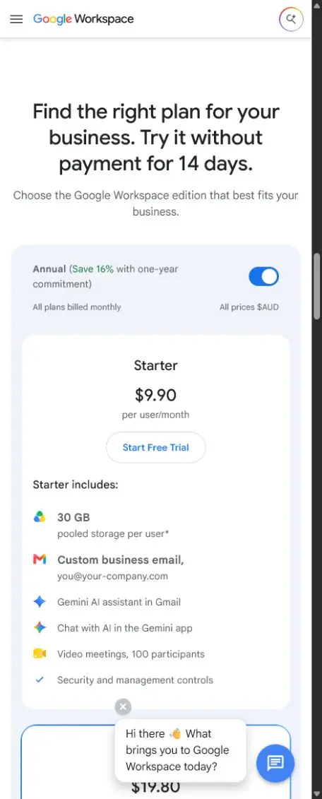Google Workspace Australian pricing page showing Business Starter at AU$9.90 per user per month on an annual commitment