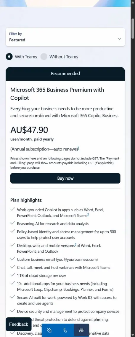 Microsoft 365 Australian pricing page showing Business Premium with Copilot at AU$47.90 per user per month paid yearly