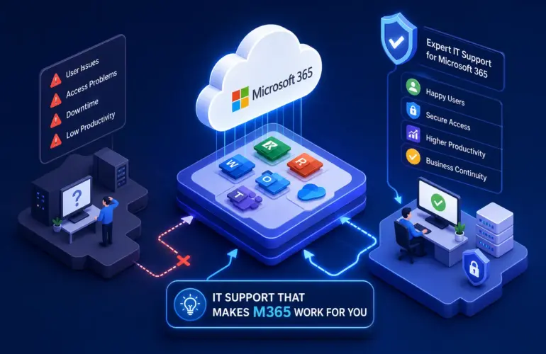 Illustration showing Microsoft 365 user issues routed to expert IT support