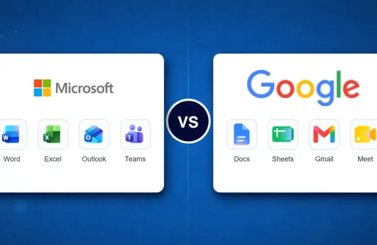 Microsoft Word Excel Outlook and Teams compared with Google Docs Sheets Gmail and Meet