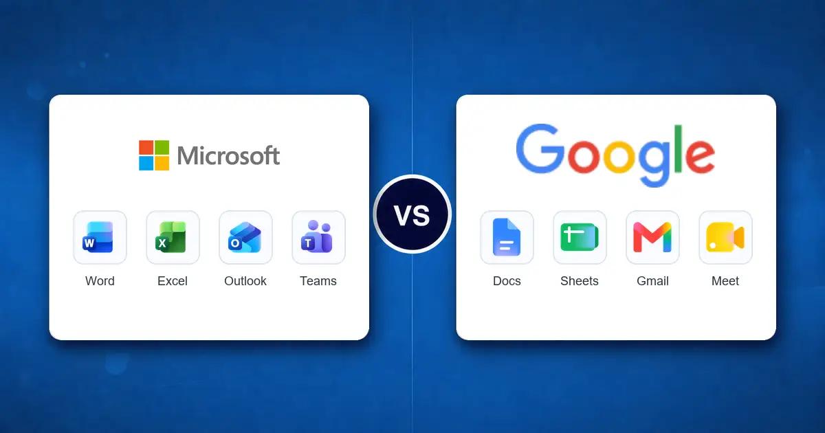 Microsoft Word Excel Outlook and Teams compared with Google Docs Sheets Gmail and Meet