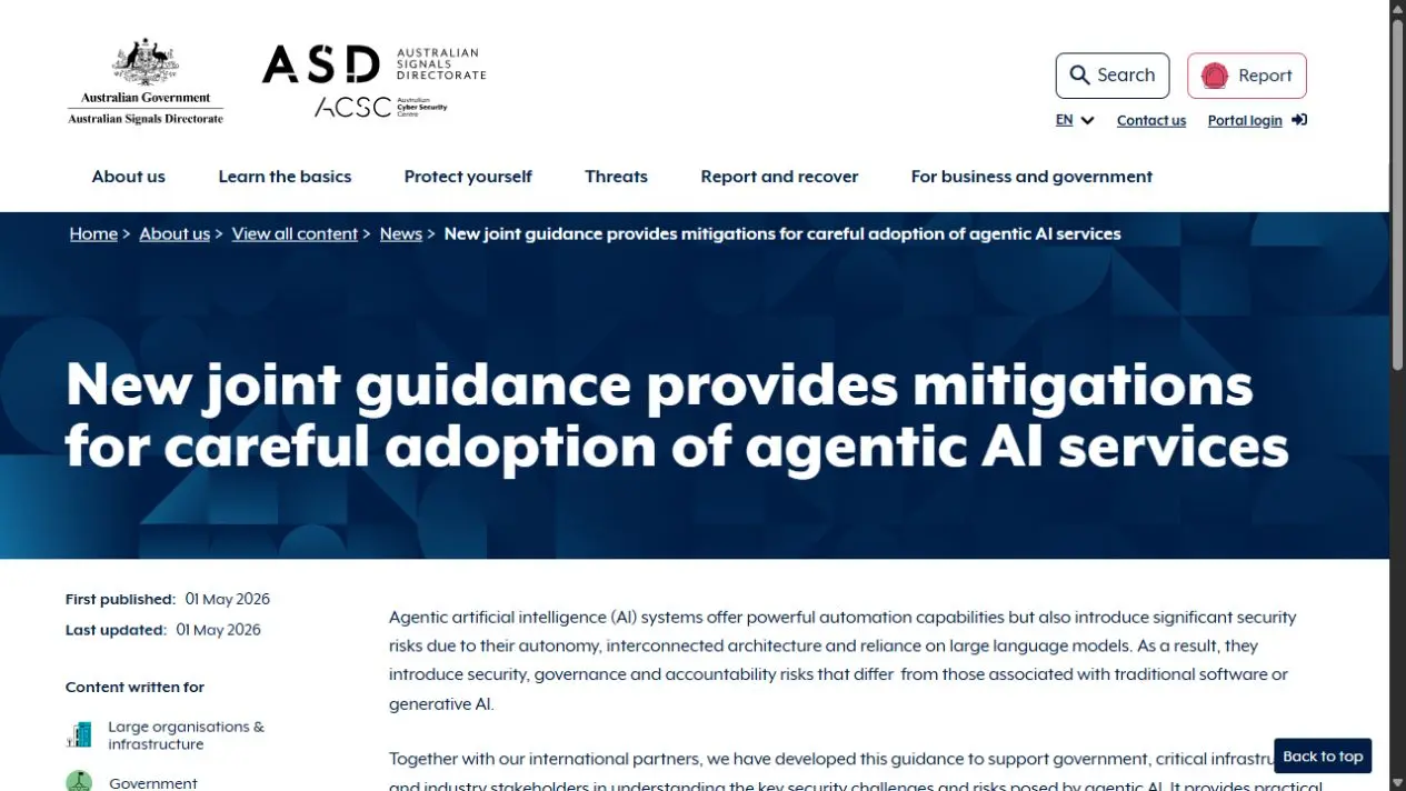 Screenshot of Australian Cyber Security Centre guidance on careful adoption of agentic AI services