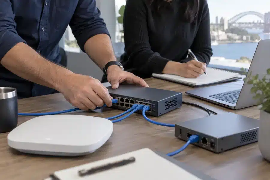 IT careers illustration: colleagues testing compact network equipment together
