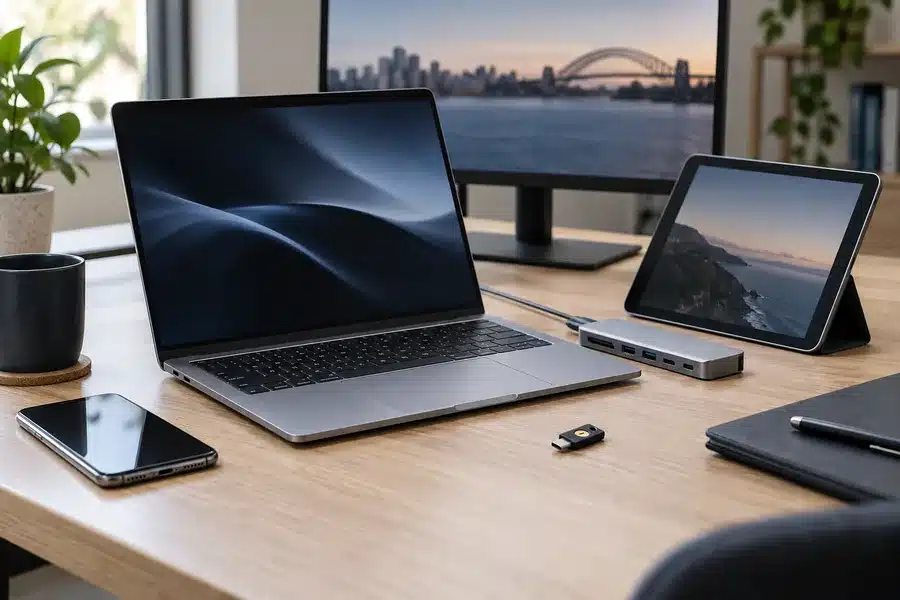 Illustrative modern IT workstation with a laptop, tablet, phone and compact accessories