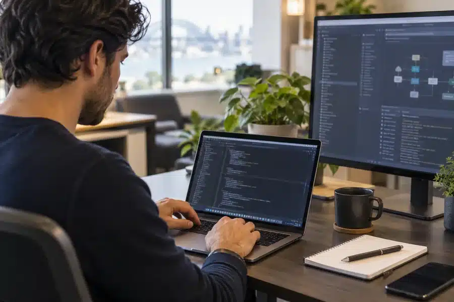 Illustrative IT specialist exploring software on a modern dual-screen workstation