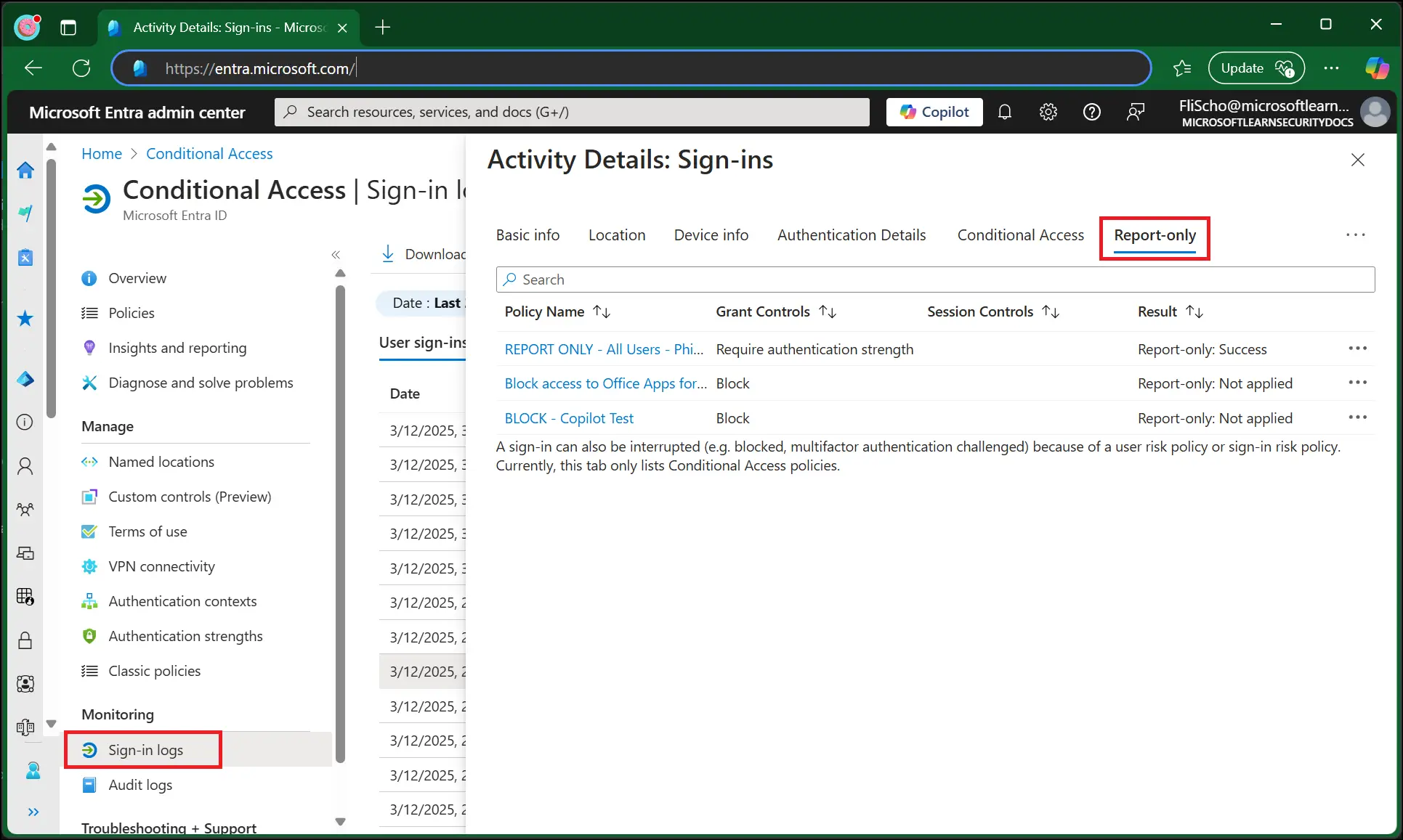 Microsoft Entra admin centre sign-in log showing report-only Conditional Access policy evaluation