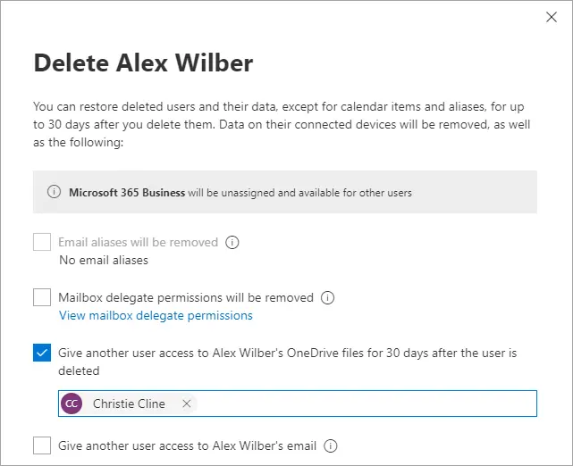Microsoft 365 admin centre example showing an option to give another user access to OneDrive files during offboarding