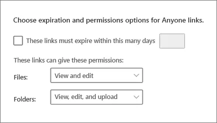 SharePoint admin settings for Anyone-link expiry and file and folder permissions