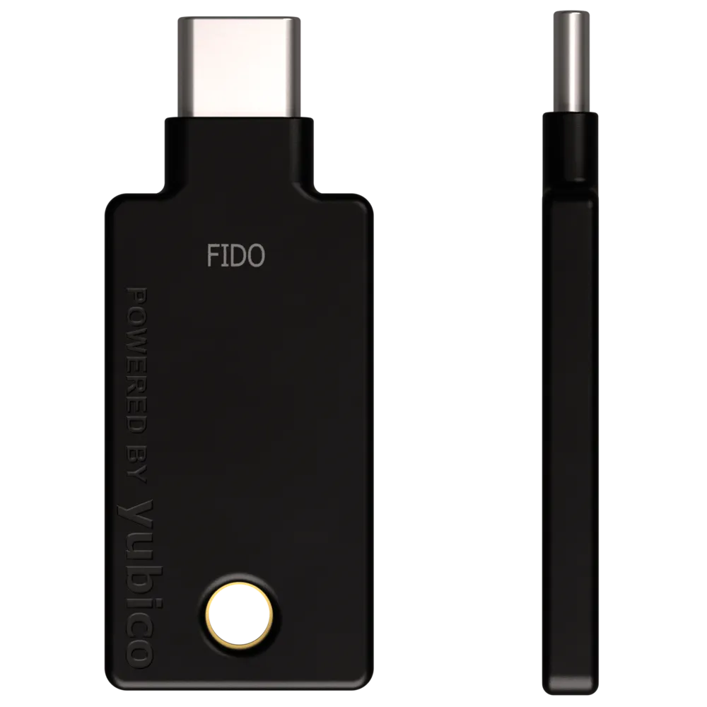 Rear and side views of Yubico Security Key C NFC with USB-C connector and FIDO label