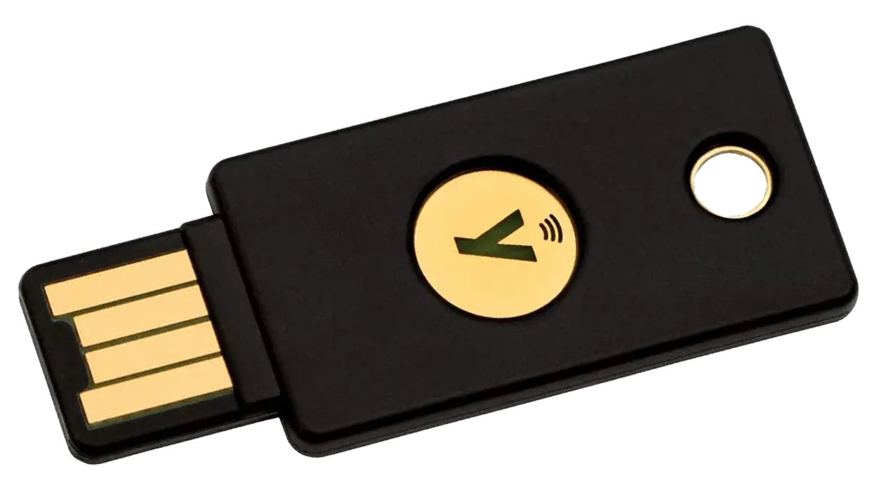 Photograph of a YubiKey 5 NFC FIDO2 USB security key
