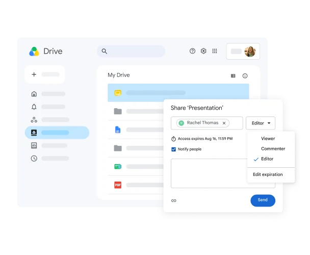 Google Drive product example showing a file sharing dialog and access controls
