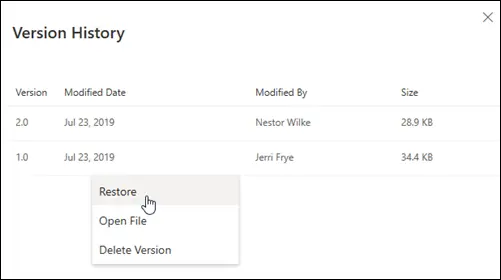 OneDrive Version History pane showing older file versions and the Restore command