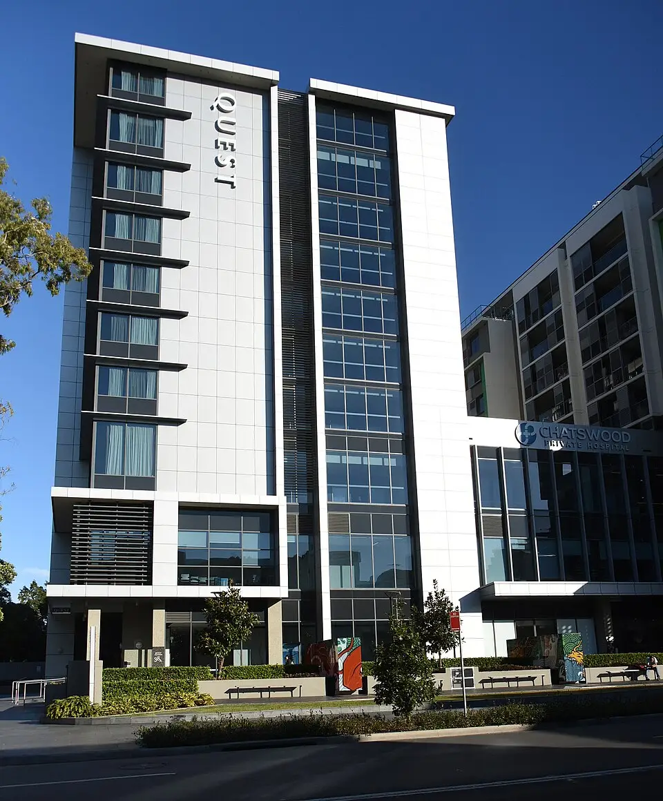 Exterior of the Quest apartment hotel in Chatswood, Sydney, photographed in 2018