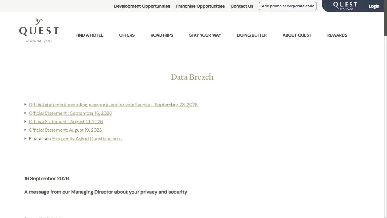 Screenshot of Quest's official Data Breach update page listing dated statements and its FAQ
