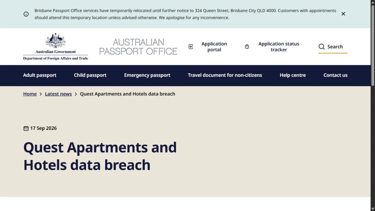 Screenshot of the Australian Passport Office page titled Quest Apartments and Hotels data breach